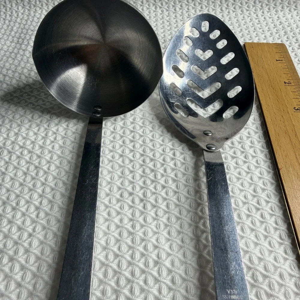 Vintage Stainless USA Kitchen Utensil Set Ladles Slotted Spoons Brown Black Wood